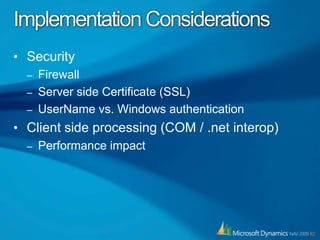 NAV Integration ManagementIntegration IDShared, foreign GUID across CRM and NAVIntegration Record, Table 5151Links Integration IDto internal NAV Record IDTracks timestamps of modifications and deletionsNew framework supported Database triggers Always called on any insert, modify, rename, delete operation against the databaseIntegration Management,Codeunit 5150Where your enhancements go=Integration Management