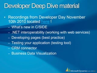 Implementation ConsiderationsEvery instance of a NAV to CRM integration is a projectCarefully analyze, design, implement, and testVery rarely, the out-of-the-box integration will sufficeSpecial cases like parent/child, partial integrationFuture versionsThe Dynamics Connector customizes CRMMust merge with any existing CRM customizationsBackup and Restore must be synced across 3 databases: CRM, NAV, and Integration