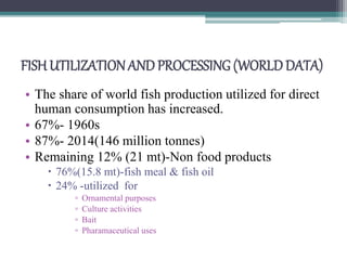 FISHUTILIZATIONANDPROCESSING (WORLDDATA)
• The share of world fish production utilized for direct
human consumption has increased.
• 67%- 1960s
• 87%- 2014(146 million tonnes)
• Remaining 12% (21 mt)-Non food products
 76%(15.8 mt)-fish meal & fish oil
 24% -utilized for
▫ Ornamental purposes
▫ Culture activities
▫ Bait
▫ Pharamaceutical uses
 
