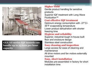 GEA AY-series IQF tunnels can
handle up to 25 tons per hour
capacity
Higher Yield
Gentle product handling for sensitive
products
Superior IQF treatment with Long Wave
Fluidization™
Cost effective IQF treatment
Optimum energy consumption with -37°C/-
35°F evaporating temperature
Lower product dehydration with shorter
freezing time
Hygiene and reliability
Superior, industrial tough in-house built
floor and enclosure design
Stainless steel construction
Easy cleaning and inspection
Large access for ease of cleaning and
maintenance
All drive motors and fan motors externally
mounted
Easy, short installation
Modules pre-assembled in factory for short
installation time
 
