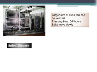 Larger size of Tuna fish can
be freezed.
Freezing time: 5-8 hours
Belts move slowly
Spiral freezer
 