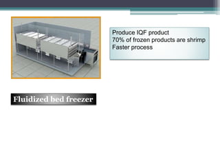 Produce IQF product
70% of frozen products are shrimp
Faster process
Fluidized bed freezer
 