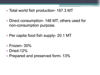 • Total world fish production- 167.3 MT
• Direct consumption- 146 MT, others used for
non-consumption purpose.
• Per capita food fish supply- 20.1 MT
• Frozen- 30%
• Dried-12%
• Prepared and preserved form- 13%
 
