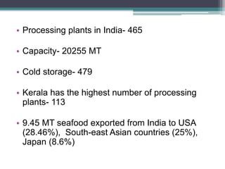 • Processing plants in India- 465
• Capacity- 20255 MT
• Cold storage- 479
• Kerala has the highest number of processing
plants- 113
• 9.45 MT seafood exported from India to USA
(28.46%), South-east Asian countries (25%),
Japan (8.6%)
 