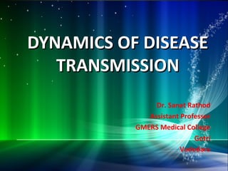 DYNAMICS OF DISEASE
DYNAMICS OF DISEASE
TRANSMISSION
TRANSMISSION
Dr. Sanat Rathod
Assistant Professor
GMERS Medical College
Gotri
Vadodara
 