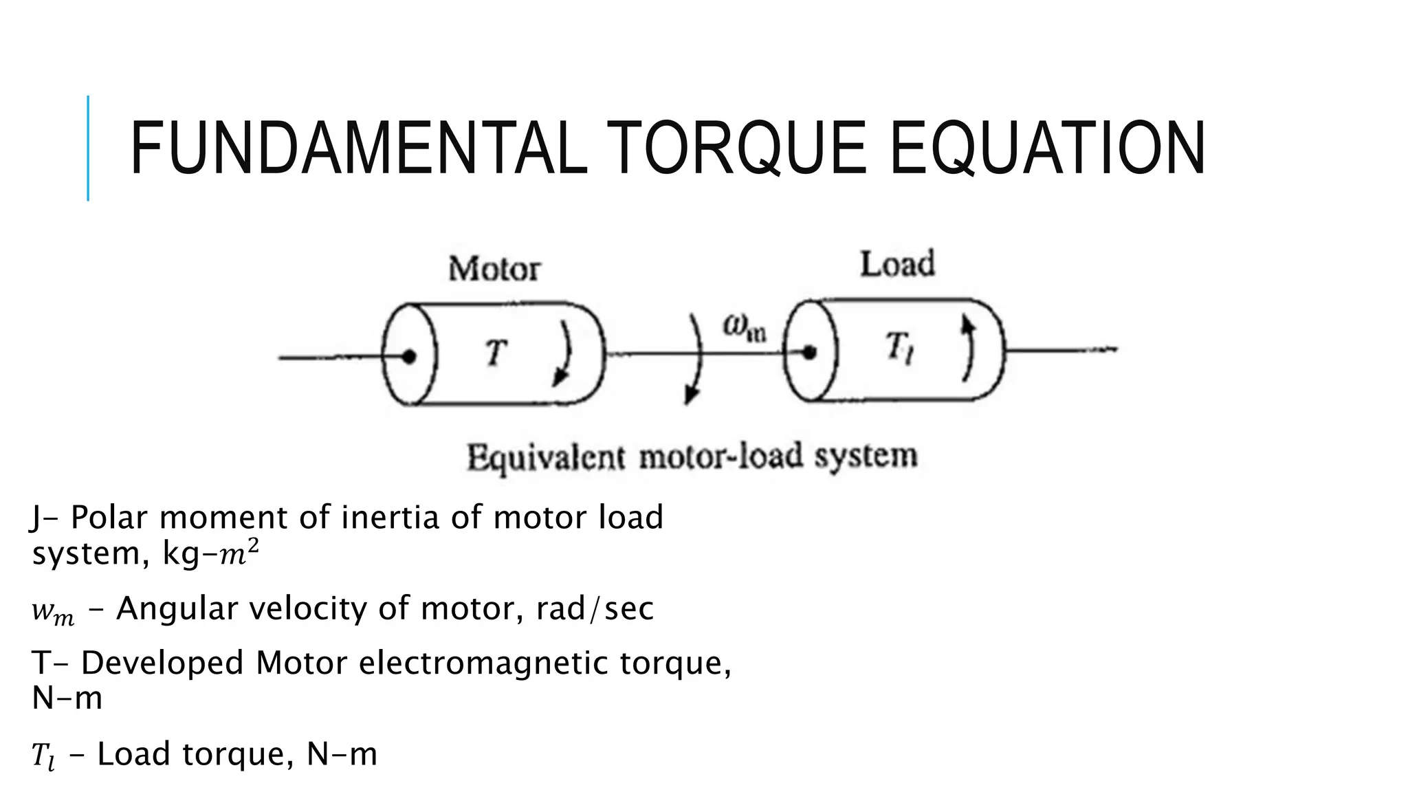 FUNDAMENTAL TORQUE EQUATION
J- Polar moment of inertia of motor load
system, kg-𝑚2
𝑤 𝑚 - Angular velocity of motor, rad/sec
T- Developed Motor electromagnetic torque,
N-m
𝑇𝑙 - Load torque, N-m
 