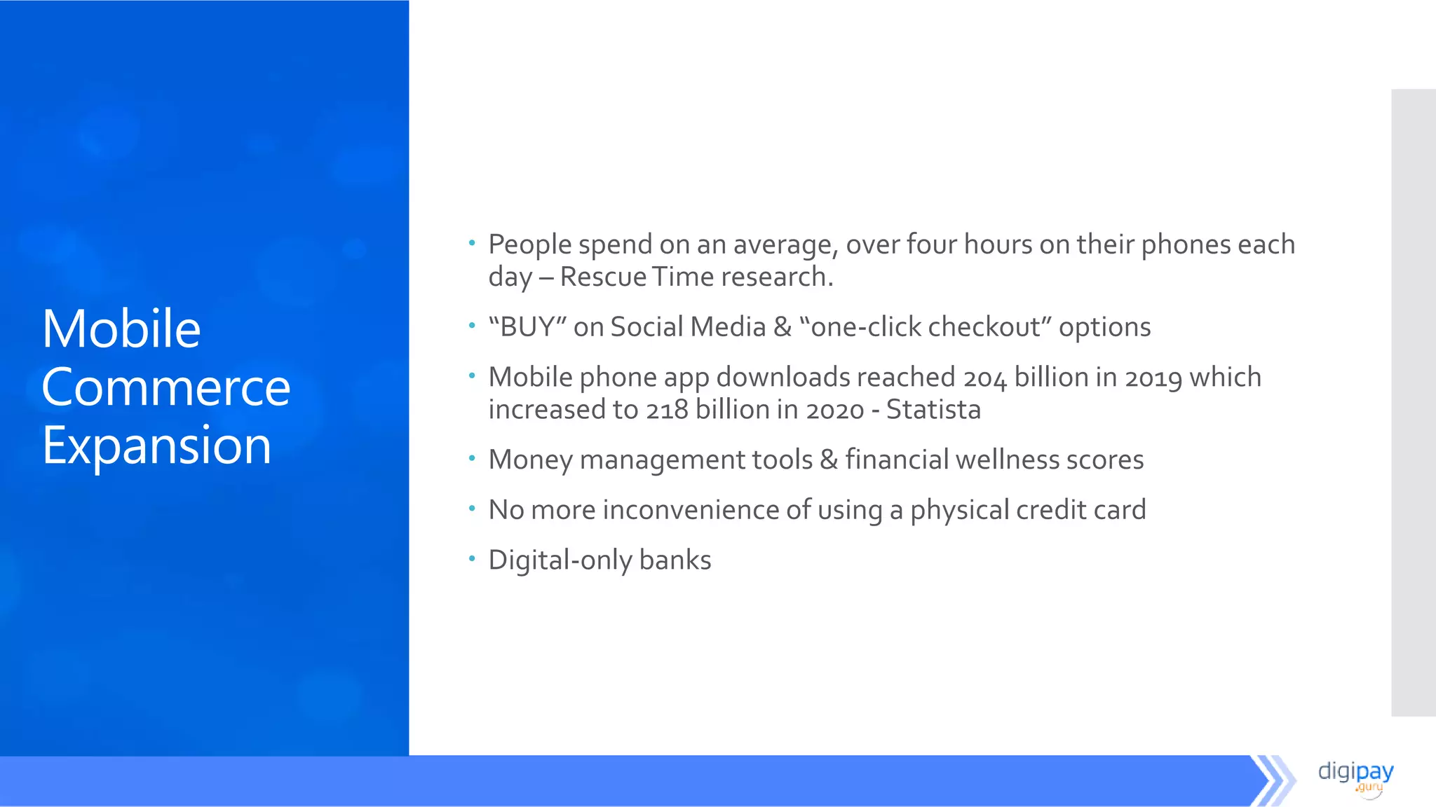 Mobile
Commerce
Expansion
 People spend on an average, over four hours on their phones each
day – RescueTime research.
 “BUY” on Social Media & “one-click checkout” options
 Mobile phone app downloads reached 204 billion in 2019 which
increased to 218 billion in 2020 - Statista
 Money management tools & financial wellness scores
 No more inconvenience of using a physical credit card
 Digital-only banks
 