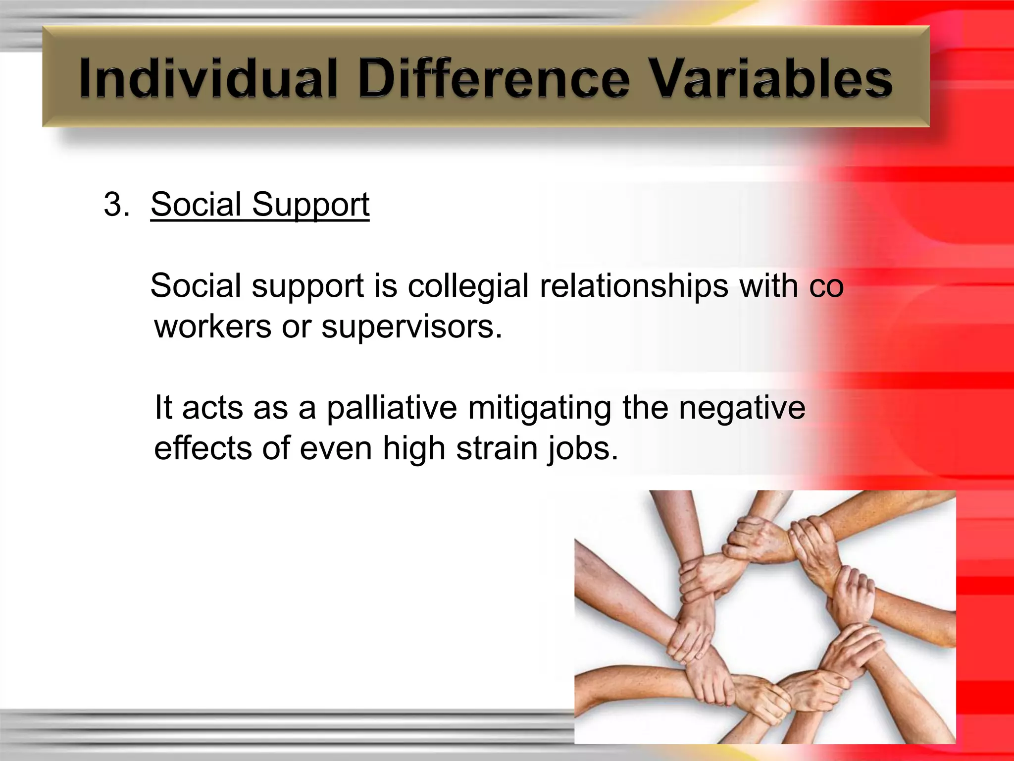 3. Social Support

  Social support is collegial relationships with co
  workers or supervisors.

   It acts as a palliative mitigating the negative
   effects of even high strain jobs.
 