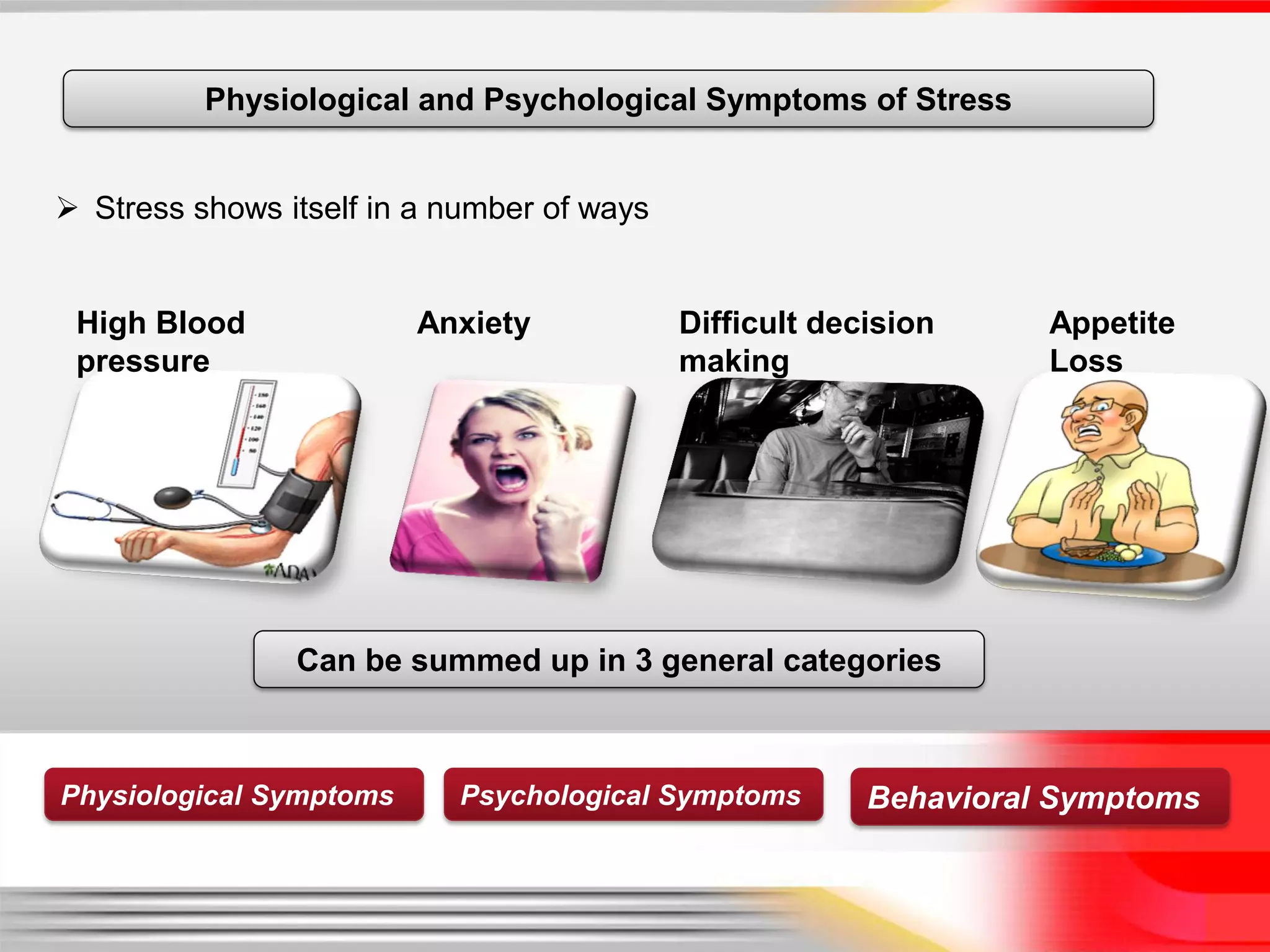 Physiological and Psychological Symptoms of Stress


 Stress shows itself in a number of ways


 High Blood              Anxiety            Difficult decision     Appetite
 pressure                                   making                 Loss




                Can be summed up in 3 general categories



Physiological Symptoms     Psychological Symptoms        Behavioral Symptoms
 