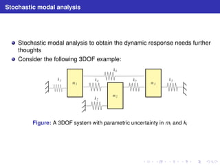 Stochastic modal analysis 
Stochastic modal analysis to obtain the dynamic response needs further 
thoughts 
Consider the following 3DOF example: 
k
1
 k
4
 k
5
 k
3
 
m
1
 
m
2
 
m
3
 
k
2
 
k
6
 
Figure: A 3DOF system with parametric uncertainty in mi and ki 
 
