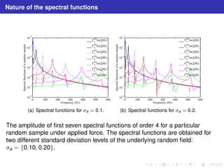 Nature of the spectral functions 
10−2 
10−3 
10−4 
10−5 
10−6 
10−7 
10−8 
0 100 200 300 400 500 600 
Frequency (Hz) 
Spectral functions of a random sample 
G(4) 
1 
(w,x(q)) 
G(4) 
2 
(w,x(q)) 
G(4) 
3 
(w,x(q)) 
G(4) 
4 
(w,x(q)) 
G(4) 
5 
(w,x(q)) 
G(4) 
6 
(w,x(q)) 
G(4) 
7 
(w,x(q)) 
(a) Spectral functions for a = 0.1. 
10−2 
10−3 
10−4 
10−5 
10−6 
10−7 
10−8 
0 100 200 300 400 500 600 
Frequency (Hz) 
Spectral functions of a random sample 
G(4) 
1 
(w,x(q)) 
G(4) 
2 
(w,x(q)) 
G(4) 
3 
(w,x(q)) 
G(4) 
4 
(w,x(q)) 
G(4) 
5 
(w,x(q)) 
G(4) 
6 
(w,x(q)) 
G(4) 
7 
(w,x(q)) 
(b) Spectral functions for a = 0.2. 
The amplitude of first seven spectral functions of order 4 for a particular 
random sample under applied force. The spectral functions are obtained for 
two different standard deviation levels of the underlying random field: 
σa = {0.10, 0.20}. 
 