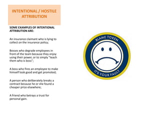 Intentional / Hostile AttributionSome examples of Intentional attribution are:An insurance claimant who is lying to collect on the insurance policy;Bosses who degrade employees in front of the team because they enjoy using their power, or to simply "teach them who is boss";A boss who fires an employee to make himself look good and get promoted;A person who deliberately breaks a contract because he or she found a cheaper price elsewhere;A friend who betrays a trust for personal gain.
