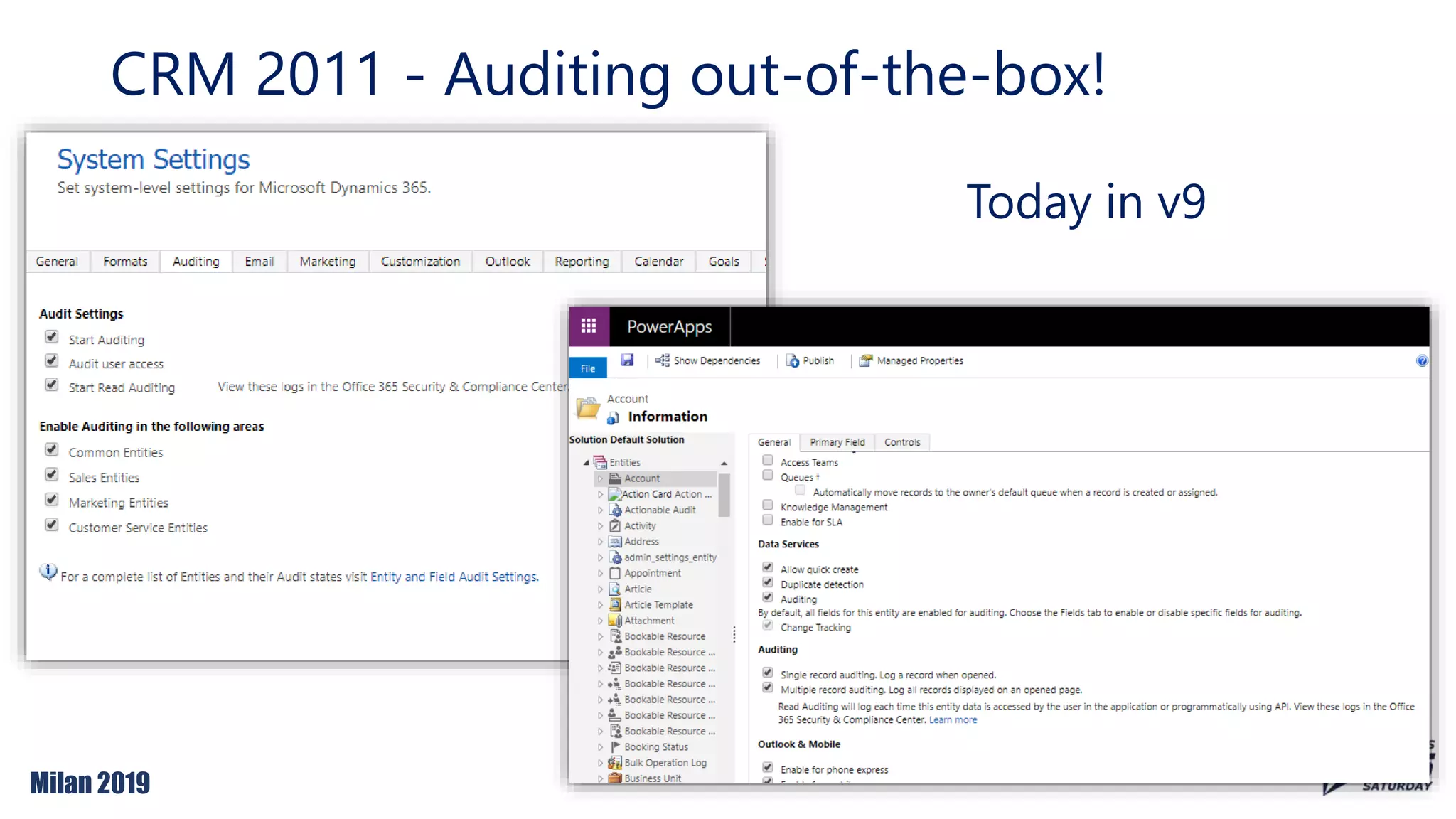Milan 2019
CRM 2011 - Auditing out-of-the-box!
Today in v9
 