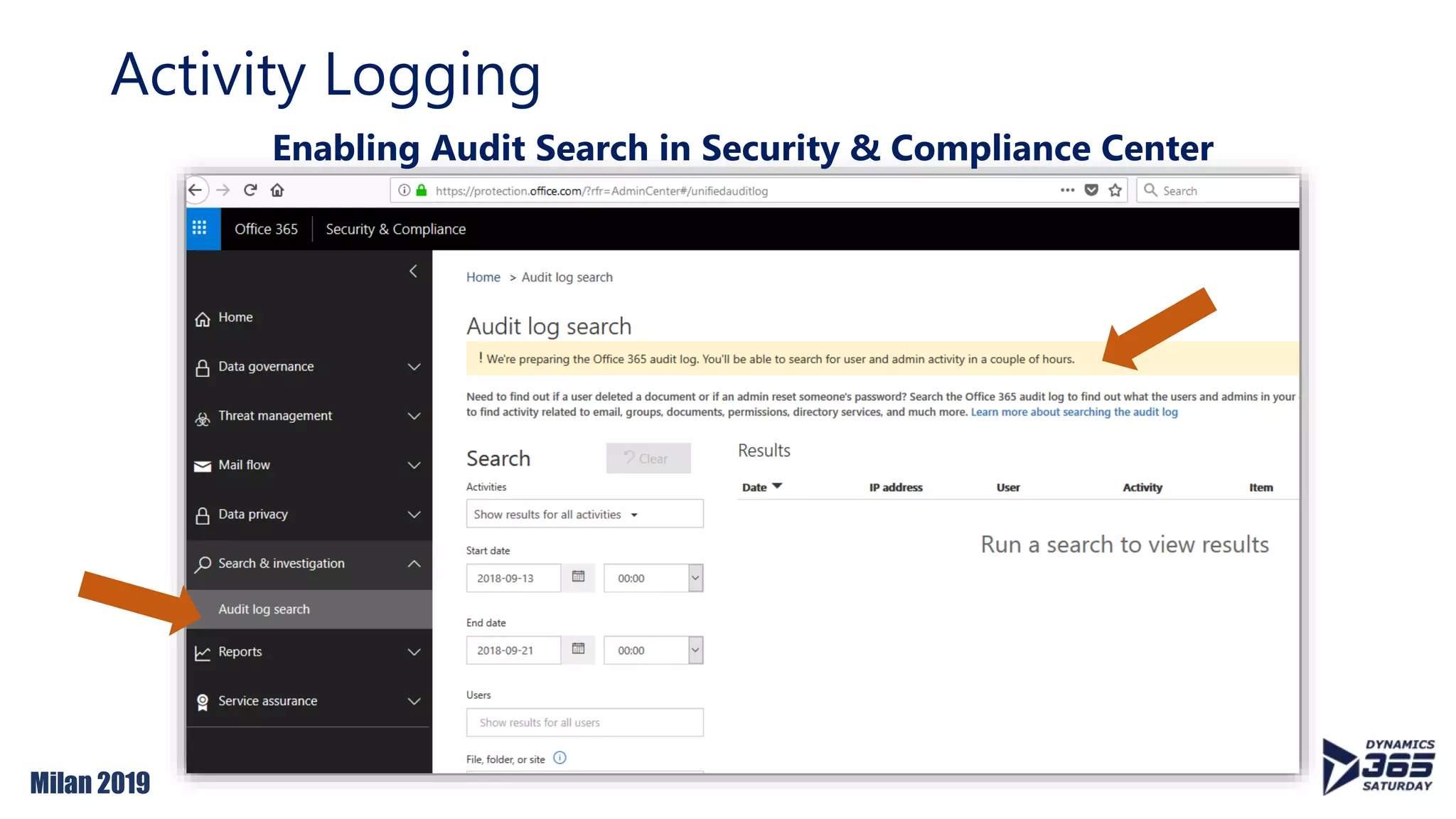 Milan 2019
Activity Logging
Enabling Audit Search in Security & Compliance Center
 