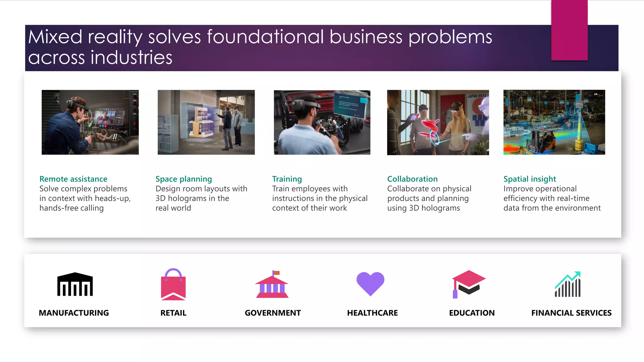 Mixed reality solves foundational business problems
across industries
 