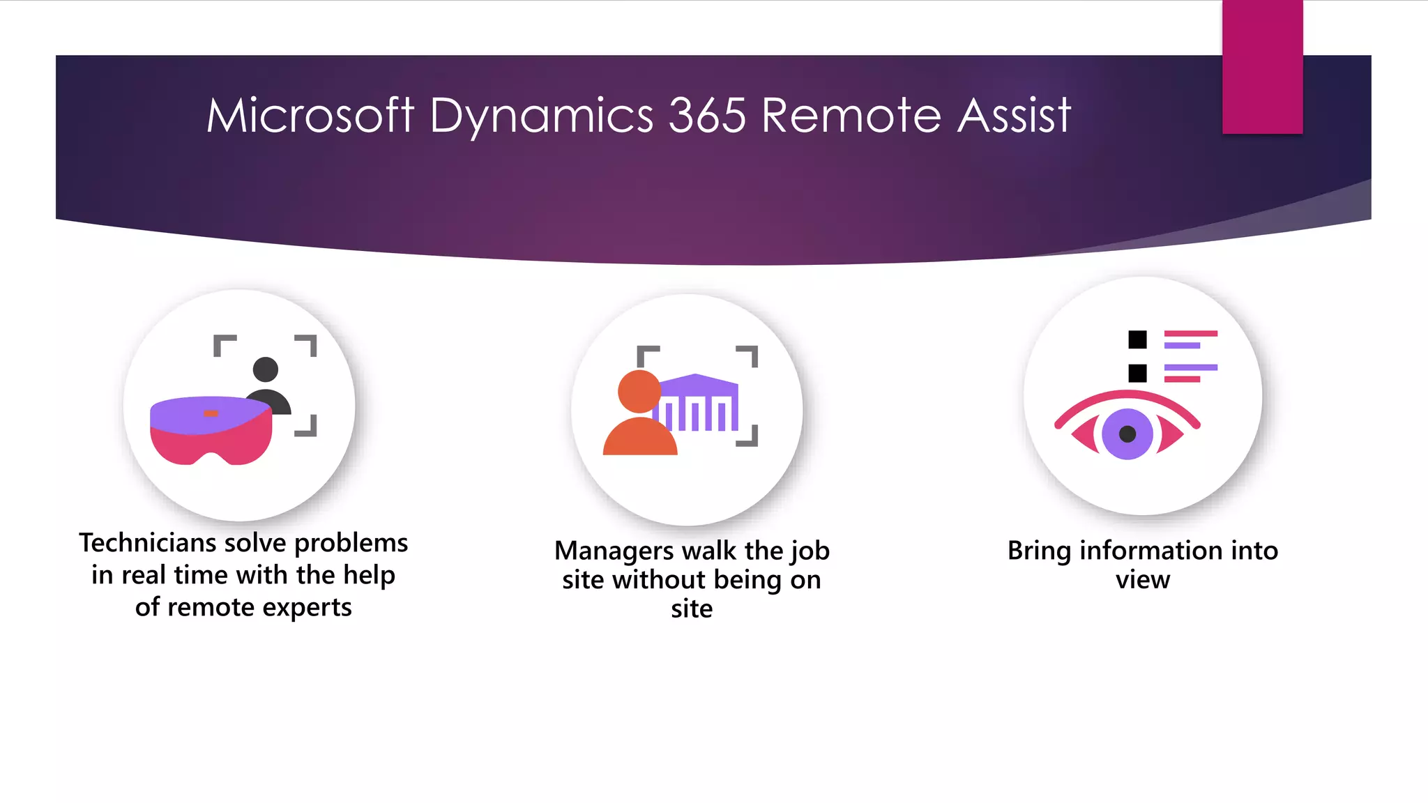 Technicians solve problems
in real time with the help
of remote experts
Managers walk the job
site without being on
site
Bring information into
view
Microsoft Dynamics 365 Remote Assist
 