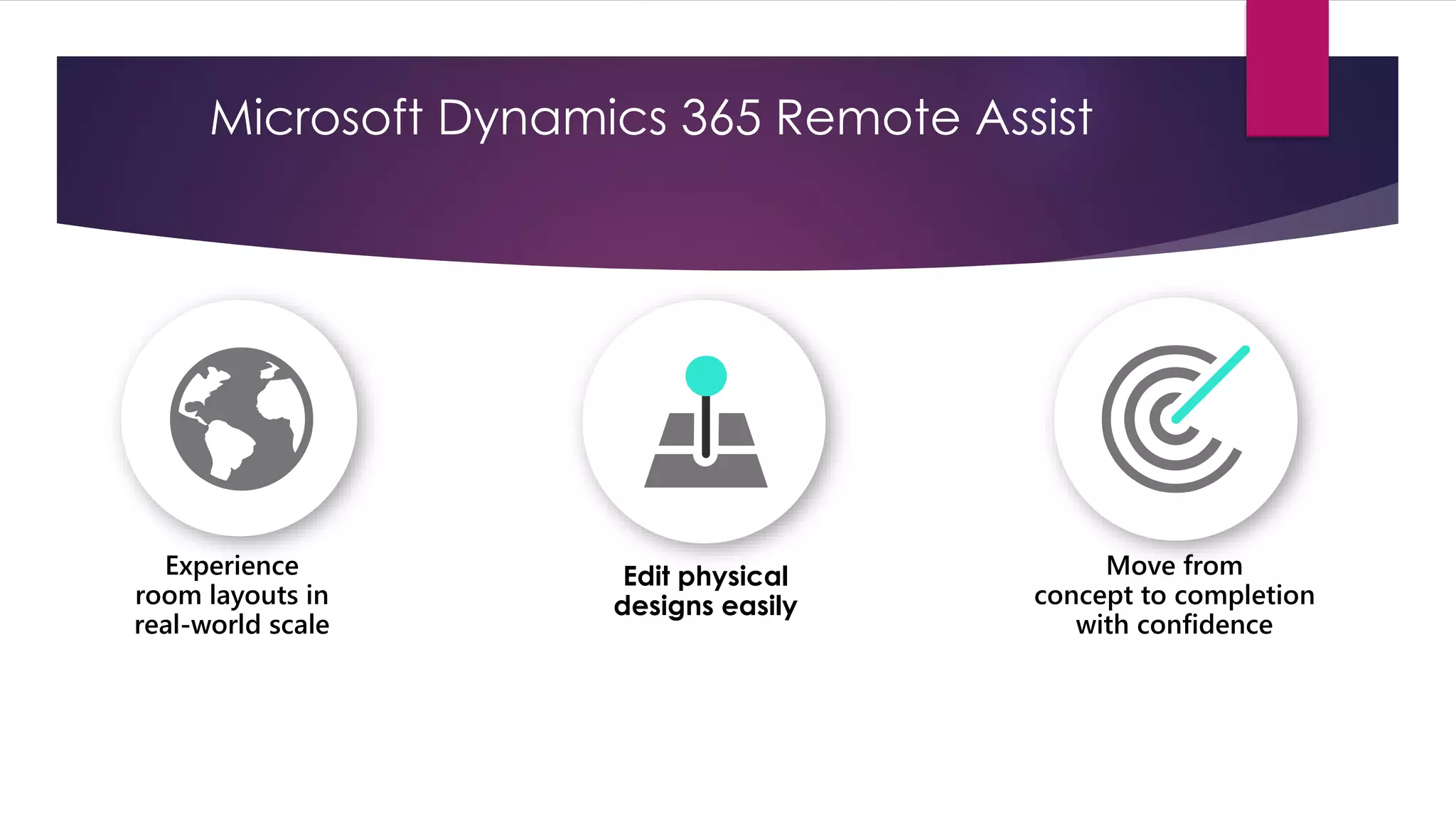 Experience
room layouts in
real-world scale
Edit physical
designs easily
Move from
concept to completion
with confidence
Microsoft Dynamics 365 Remote Assist
 