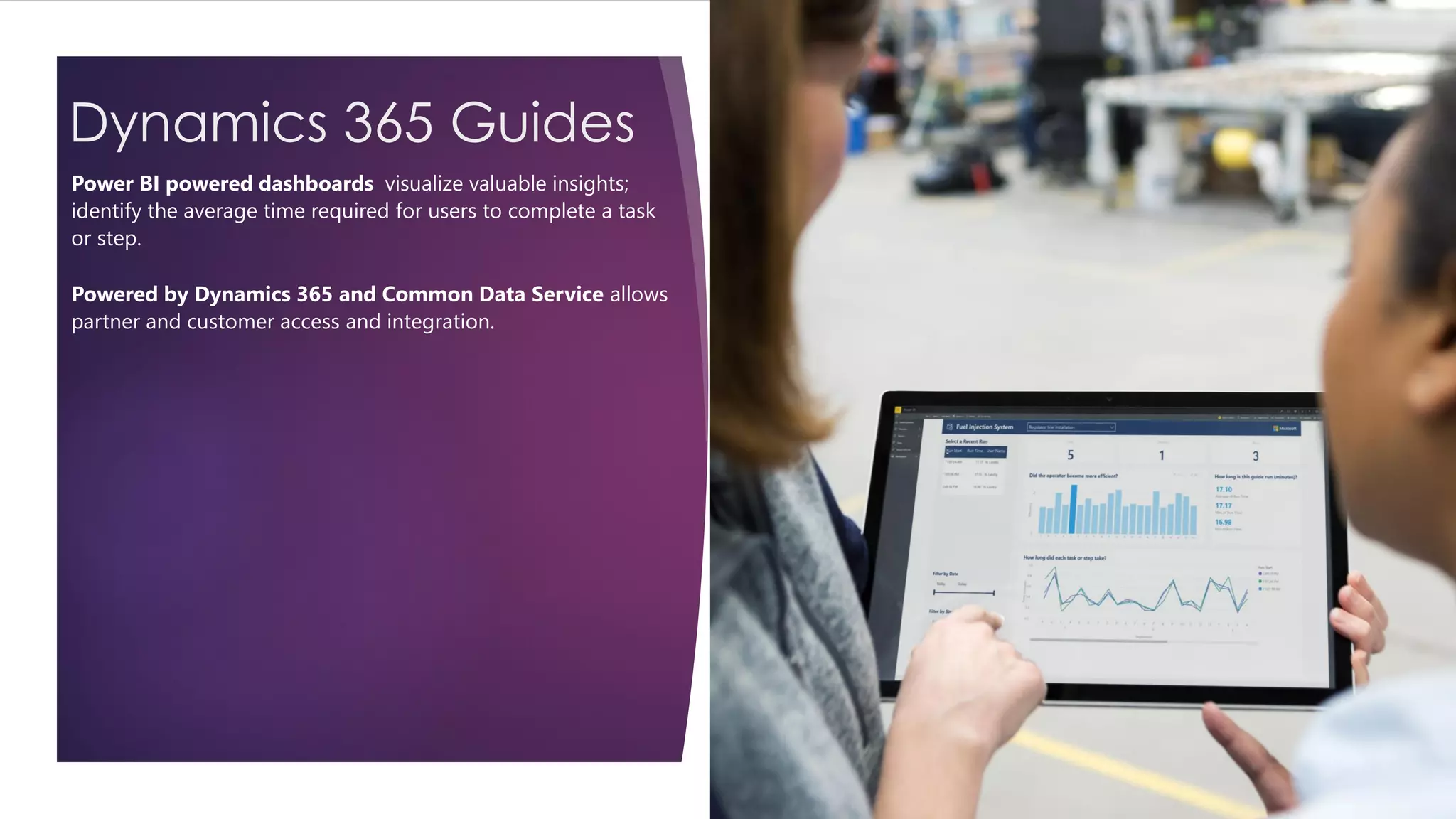 Dynamics 365 Guides
Power BI powered dashboards visualize valuable insights;
identify the average time required for users to complete a task
or step.
Powered by Dynamics 365 and Common Data Service allows
partner and customer access and integration.
 