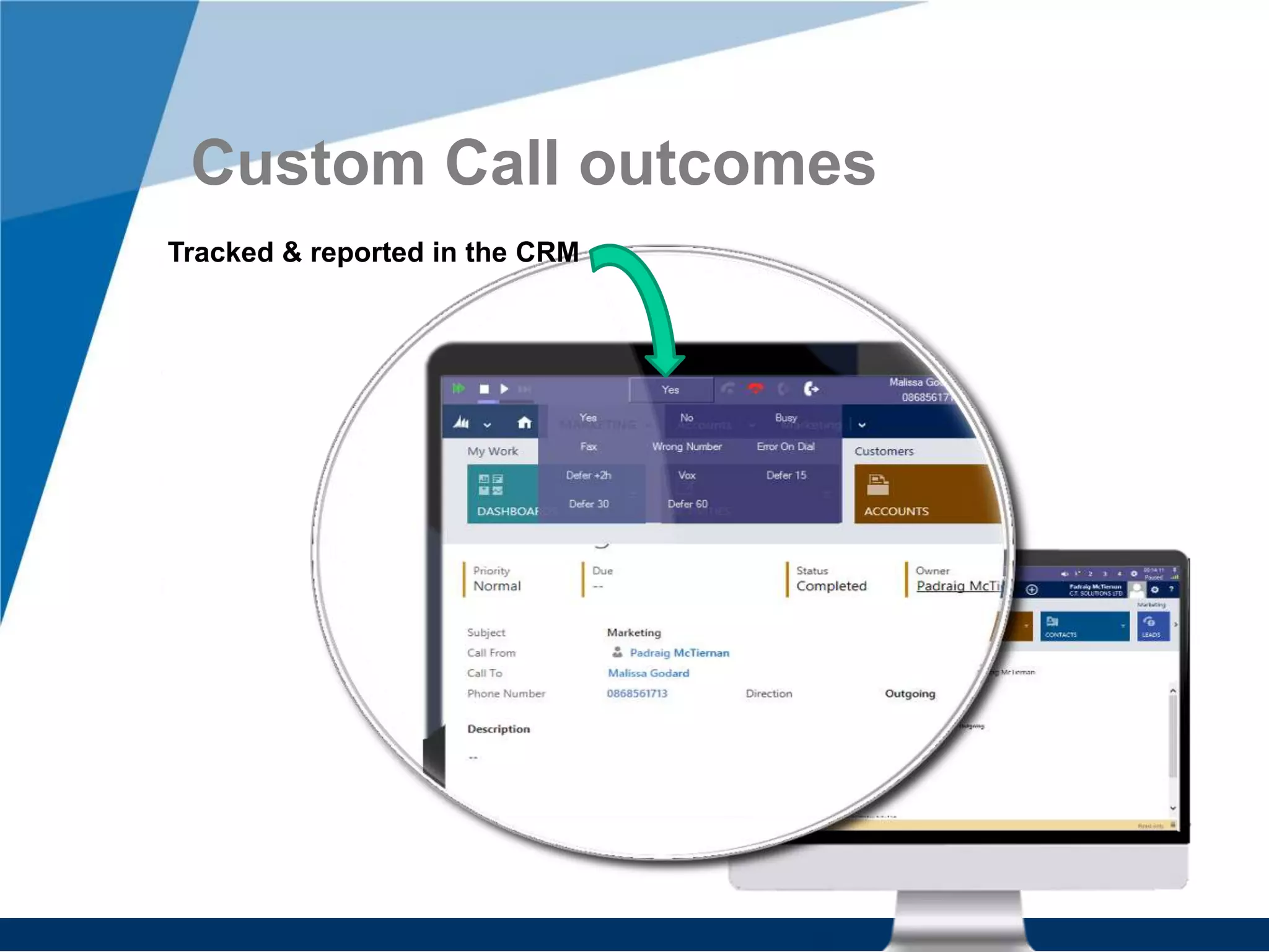 Custom Call outcomes
Tracked & reported in the CRM