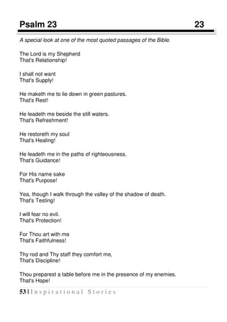 53 | I n s p i r a t i o n a l S t o r i e s
Psalm 23 23
A special look at one of the most quoted passages of the Bible.
The Lord is my Shepherd
That's Relationship!
I shall not want
That's Supply!
He maketh me to lie down in green pastures.
That's Rest!
He leadeth me beside the still waters.
That's Refreshment!
He restoreth my soul
That's Healing!
He leadeth me in the paths of righteousness.
That's Guidance!
For His name sake
That's Purpose!
Yea, though I walk through the valley of the shadow of death.
That's Testing!
I will fear no evil.
That's Protection!
For Thou art with me
That's Faithfulness!
Thy rod and Thy staff they comfort me,
That's Discipline!
Thou preparest a table before me in the presence of my enemies.
That's Hope!
 