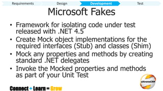 Connect + Learn = Grow
Microsoft Fakes
• Framework for isolating code under test
released with .NET 4.5
• Create Mock object implementations for the
required interfaces (Stub) and classes (Shim)
• Mock any properties and methods by creating
standard .NET delegates
• Invoke the Mocked properties and methods
as part of your Unit Test
Requirements Design Development Test
 