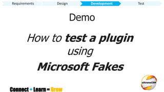 Connect + Learn = Grow
How to test a plugin
using
Microsoft Fakes
Requirements Design Development Test
Demo
 