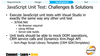 Connect + Learn = Grow
JavaScript Unit Test: Challenges & Solutions
• Execute JavaScript unit tests with Visual Studio in
exactly the same way any other unit test
– JsTest.Net
• No Browser required
• Using MSTest
• Server-side builds
• Unit tests should be able to mock DOM operations,
CRM service calls and Dynamics Xrm.Page API
– Xrm.Page Script Library Template (CRM SDKTemplates)
Requirements Design Development Test
 