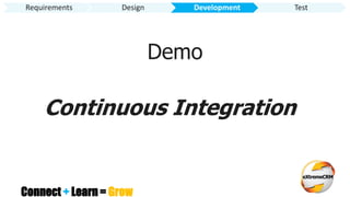 Connect + Learn = Grow
Requirements Design Development Test
Demo
Continuous Integration
 