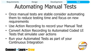 Connect + Learn = Grow
Automating Manual Tests
• Once manual tests are stable consider automating
them to reduce testing time and focus on new
requirements
• Use Action Recording to record your Manual Test
• Convert Action Recording to Automated Coded UI
Tests that simulate user actions
• Run your Automated Tests as part of your
Continuous Integration
Requirements Design Development Test
 