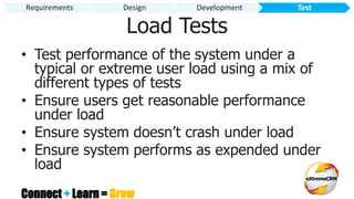 Connect + Learn = Grow
Load Tests
• Test performance of the system under a
typical or extreme user load using a mix of
different types of tests
• Ensure users get reasonable performance
under load
• Ensure system doesn’t crash under load
• Ensure system performs as expended under
load
Requirements Design Development Test
 