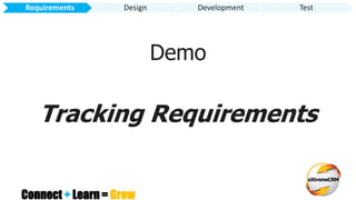 Connect + Learn = Grow
Demo
Tracking Requirements
Requirements Design Development Test
 