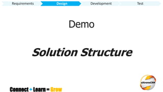 Connect + Learn = Grow
Solution Structure
Requirements Design Development Test
Demo
 