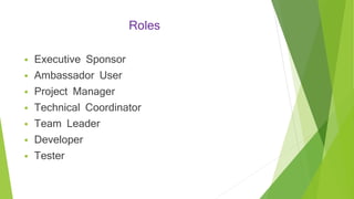 Roles
 Executive Sponsor
 Ambassador User
 Project Manager
 Technical Coordinator
 Team Leader
 Developer
 Tester
 
