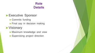 Role
Details
 Executive Sponsor
 Commits funding
 Final say in decision making
 Visionary
 Maximum knowledge and view
 Supervising project direction
 