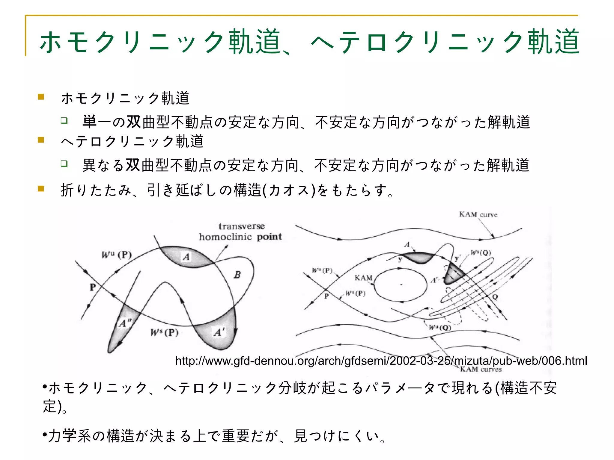 ホモクリニック軌道、ヘテロクリニック軌道
   ホモクリニック軌道
     単一の双曲型不動点の安定な方向、不安定な方向がつながった解軌道
   ヘテロクリニック軌道
       異なる双曲型不動点の安定な方向、不安定な方向がつながった解軌道
   折りたたみ、引き延ばしの構造(カオス)をもたらす。




              http://www.gfd-dennou.org/arch/gfdsemi/2002-03-25/mizuta/pub-web/006.html

ホモクリニック、ヘテロクリニック分岐が起こるパラメータで現れる(構造不安



定)。

    力学系の構造が決まる上で重要だが、見つけにくい。
 