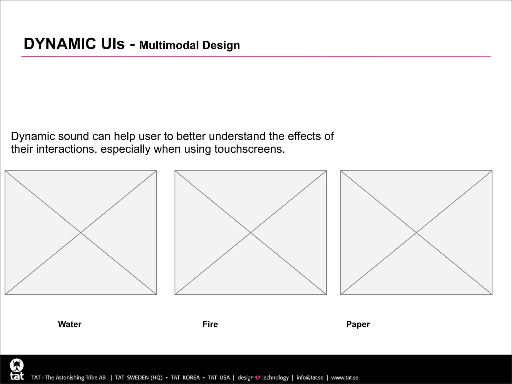 DYNAMIC UIs - Multimodal Design




Dynamic sound can help user to better understand the effects of
their interactions, especially when using touchscreens.




         Water                       Fire                         Paper




                                              50
 