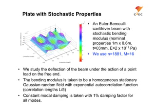 Plate with Stochastic Properties
                                      •  An Euler-Bernoulli
                                         cantilever beam with
                                         stochastic bending
                                         modulus (nominal
                                         properties 1m x 0.6m,
                                         t=03mm, E=2 x 1011 Pa)
                                      •  We use n=1881, M=16


•  We study the deflection of the beam under the action of a point
   load on the free end.
•  The bending modulus is taken to be a homogeneous stationary
   Gaussian random field with exponential autocorrelation function
   (correlation lengths L/5)
•  Constant modal damping is taken with 1% damping factor for
   all modes.
 