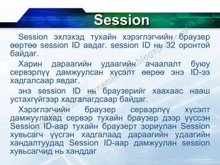 Session Session  эхлэхэд тухайн хэрэглэгчийн браузер өөртөө  session ID  авдаг.  session ID  нь 32 оронтой байдаг. Харин дараагийн удаагийн ачаалалт буюу сервэрлүү дамжуулсан хүсэлт өөрөө энэ  ID- ээ хадгалсаар явдаг. энэ  session ID  нь браузерийг хаахаас нааш устахгүйгээр хадгалагдсаар байдаг.  Хэрэглэгчийн браузер сервэрлүү хүсэлт дамжуулахад сервэр тухайн браузер дээр үүссэн  Session ID- аар тухайн браузерт зориулан  Session  хувьсагч үүсгэн хадгалаад дараагийн удаагийн хандалтуудад  Session ID- аар дамжуулан  session  хувьсагчид нь ханддаг 