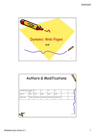 28/06/2009




                                       Dynamic Web Pages
                                                                        PHP




                                                                                                            1




                                Authors & Modifications


                 First Edition 2006   Version   1.0            1.1            2.0            2.1
                                      No.

                 Authors              Date      07/06          08/06          07/08          07/09


                 Cathie Usher         Contact   Cathie Usher   Cathie Usher   Cathie Usher   Cathie Usher




                                                                                                                2




Database php version 2.1                                                                                                    1
 