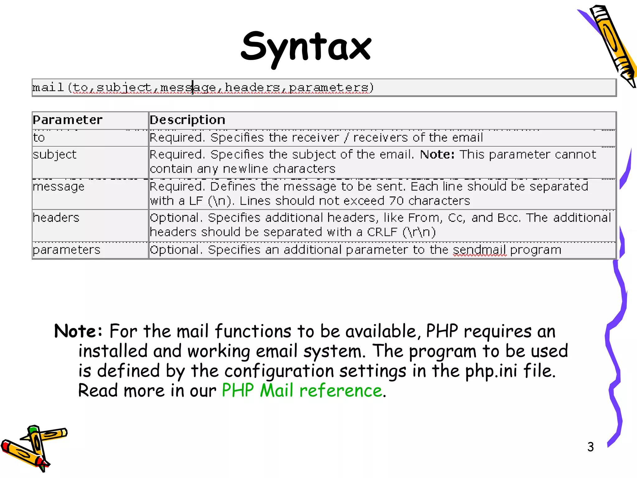Syntax Note:  For the mail functions to be available, PHP requires an installed and working email system. The program to be used is defined by the configuration settings in the php.ini file. Read more in our  PHP Mail reference . 