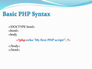 <!DOCTYPE html>
<html>
<body
</body>
</html>
<?php echo "My first PHP script!"; ?>