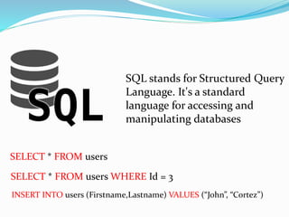 SQL stands for Structured Query
Language. It's a standard
language for accessing and
manipulating databases
SELECT * FROM users
SELECT * FROM users WHERE Id = 3
INSERT INTO users (Firstname,Lastname) VALUES (“John”, “Cortez”)