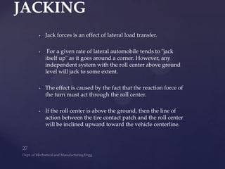 • Jack forces is an effect of lateral load transfer.
• For a given rate of lateral automobile tends to "jack
itself up" as it goes around a corner. However, any
independent system with the roll center above ground
level will jack to some extent.
• The effect is caused by the fact that the reaction force of
the turn must act through the roll center.
• If the roll center is above the ground, then the line of
action between the tire contact patch and the roll center
will be inclined upward toward the vehicle centerline.
JACKING
 