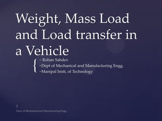 {
Weight, Mass Load
and Load transfer in
a Vehicle~ Rohan Sahdev
~Dept of Mechanical and Manufacturing Engg.
~Manipal Instt, of Technology
 