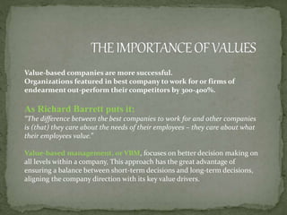Value-based companies are more successful.
Organizations featured in best company to work for or firms of
endearment out-perform their competitors by 300-400%.
As Richard Barrett puts it:
“The difference between the best companies to work for and other companies
is (that) they care about the needs of their employees – they care about what
their employees value.”
Value-based management, or VBM, focuses on better decision making on
all levels within a company, This approach has the great advantage of
ensuring a balance between short-term decisions and long-term decisions,
aligning the company direction with its key value drivers.
 