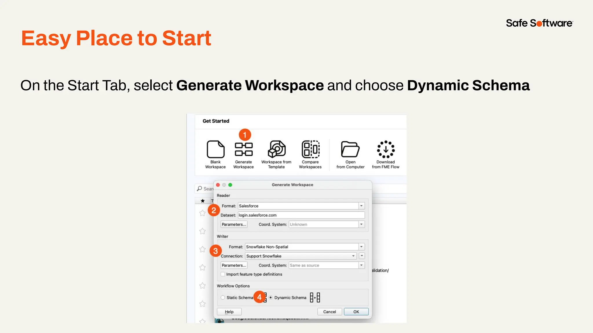 On the Start Tab, select Generate Workspace and choose Dynamic Schema
Easy Place to Start
 