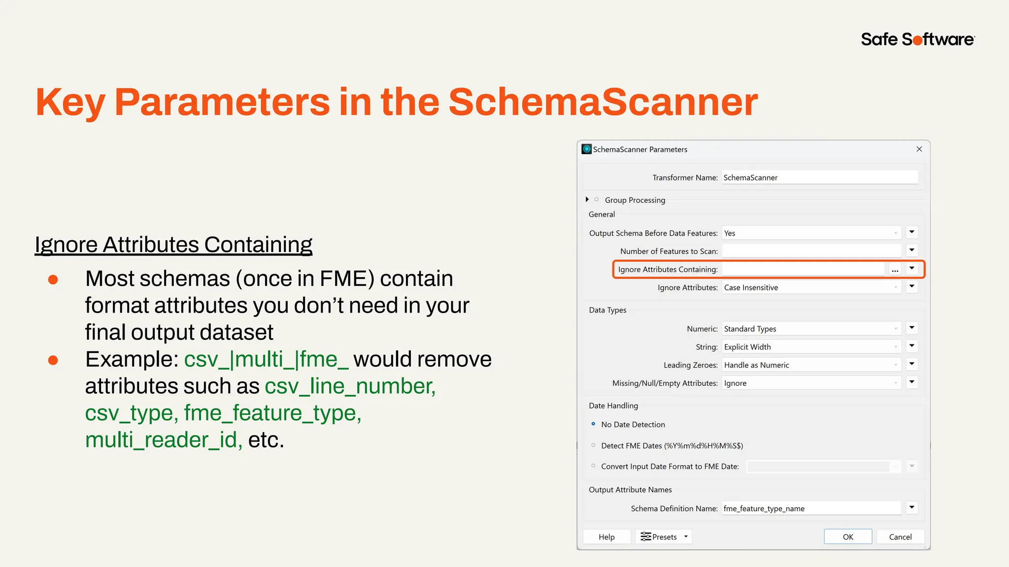 Key Parameters in the SchemaScanner
Ignore Attributes Containing
● Most schemas (once in FME) contain
format attributes you don’t need in your
ﬁnal output dataset
● Example: csv_|multi_|fme_ would remove
attributes such as csv_line_number,
csv_type, fme_feature_type,
multi_reader_id, etc.
 