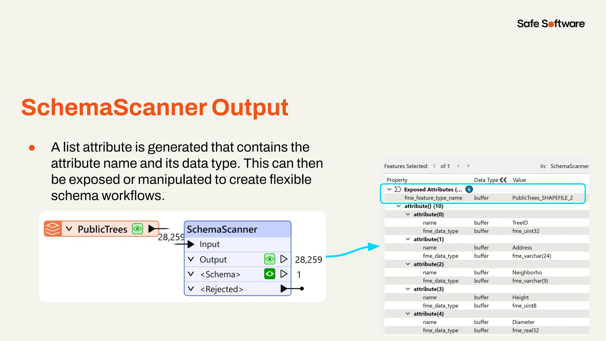 SchemaScanner Output
● A list attribute is generated that contains the
attribute name and its data type. This can then
be exposed or manipulated to create ﬂexible
schema workﬂows.
 