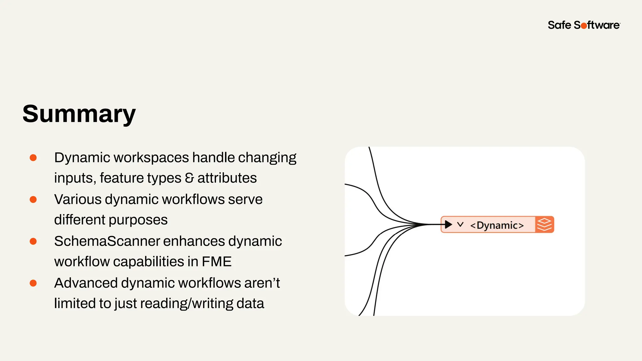 Summary
● Dynamic workspaces handle changing
inputs, feature types & attributes
● Various dynamic workﬂows serve
different purposes
● SchemaScanner enhances dynamic
workﬂow capabilities in FME
● Advanced dynamic workﬂows aren’t
limited to just reading/writing data
 