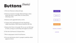 1. The text of buttons is always all-caps.
2. Buttons are based on Google’s Material Design, which 		
means that there’s a pulse effect on mouse hover,
indicating a click.
3. Buttons can be appended with an arrow.
4. A button with a full background color should have
a light drop shadow. Other buttons should be 100% flat.
5. Buttons don’t have to be purple. We can use our full scope 	
of colors, as long as a contrasting color appears on hover.
6. The font of all buttons is Proxima Nova.
7. We’re using square corners for all buttons
8. For text-only buttons, there’s a progress underline which
appears on hover.
Buttons(Static)
 
